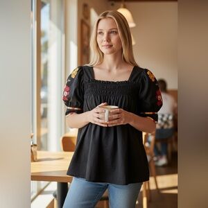 ODDI Solid Poplin Smocked Top Blouse Black Floral Accent Sise Small